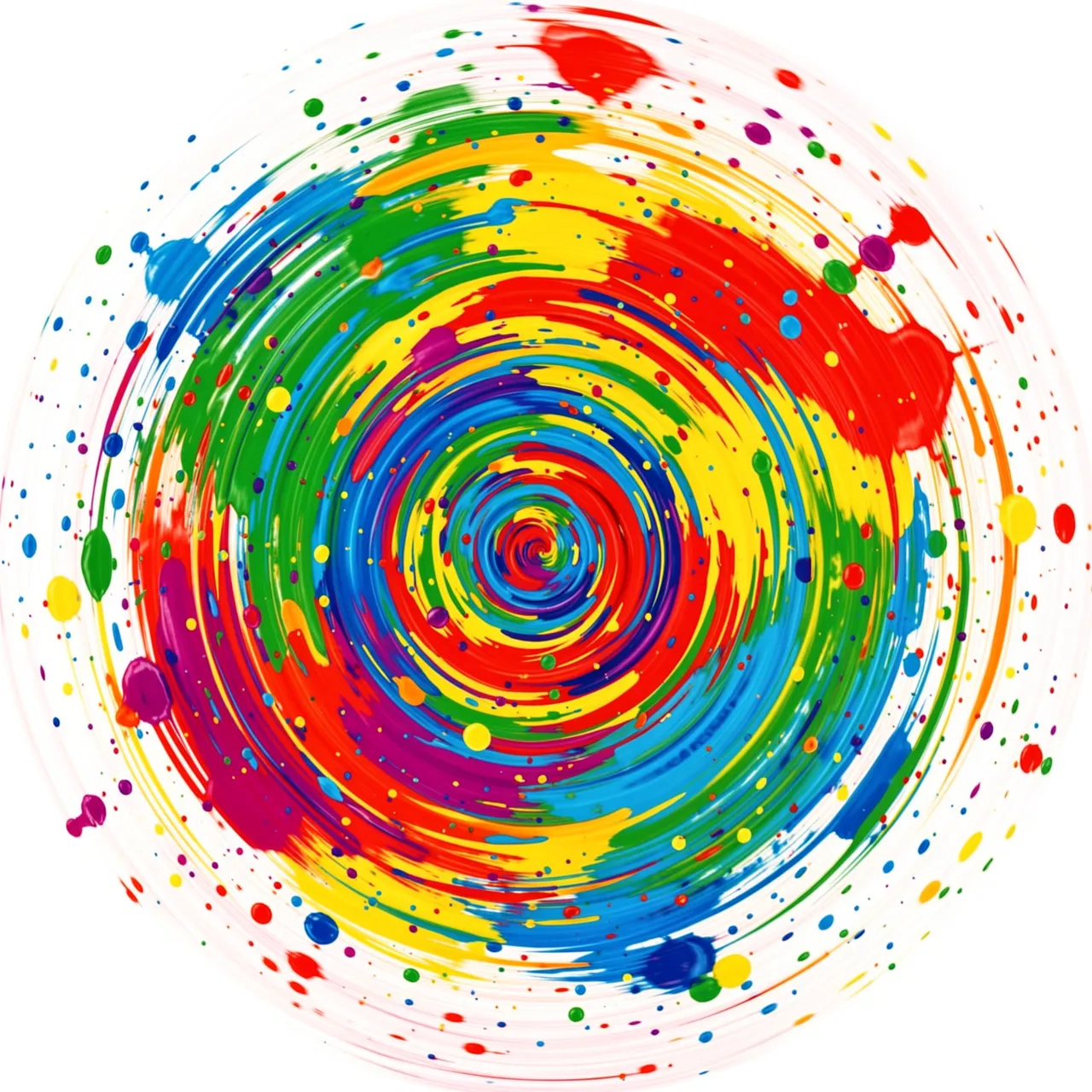 A swirling circular abstract spin art composition of rainbow colored splattered paint on a white background
