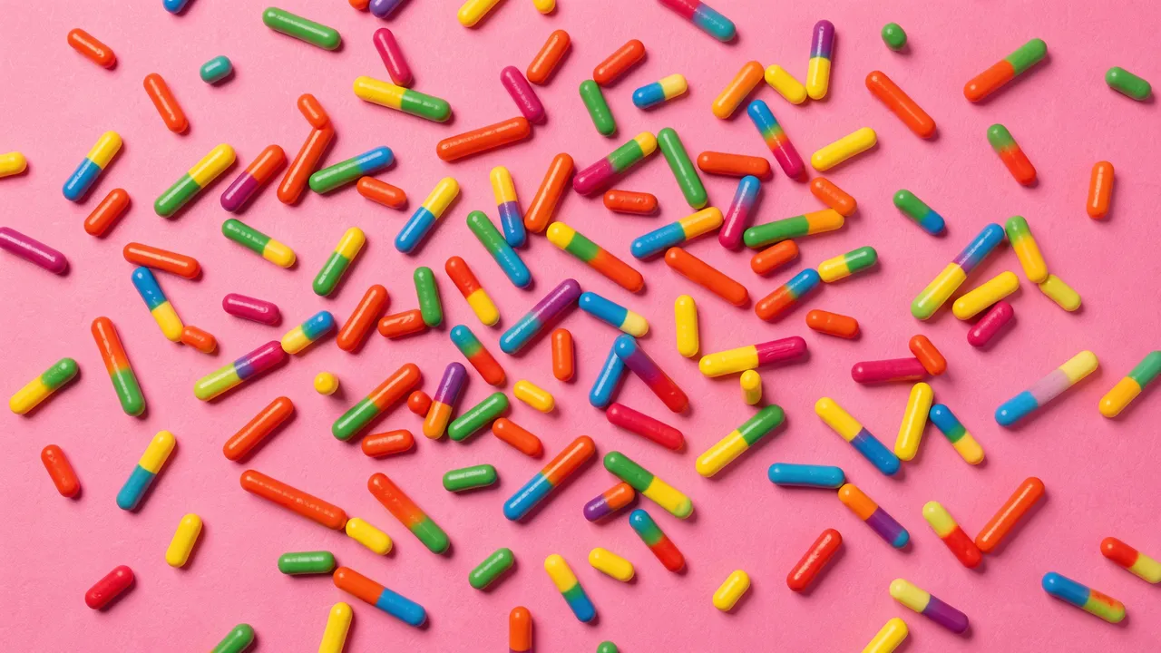 Bright multicolored rod-shaped sprinkles scattered randomly across a solid bubblegum pink surface