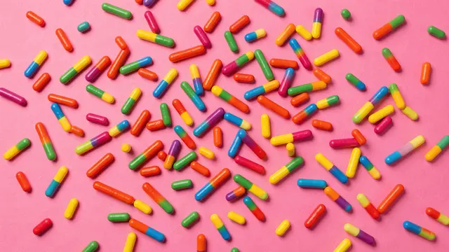Bright multicolored rod-shaped sprinkles scattered randomly across a solid bubblegum pink surface