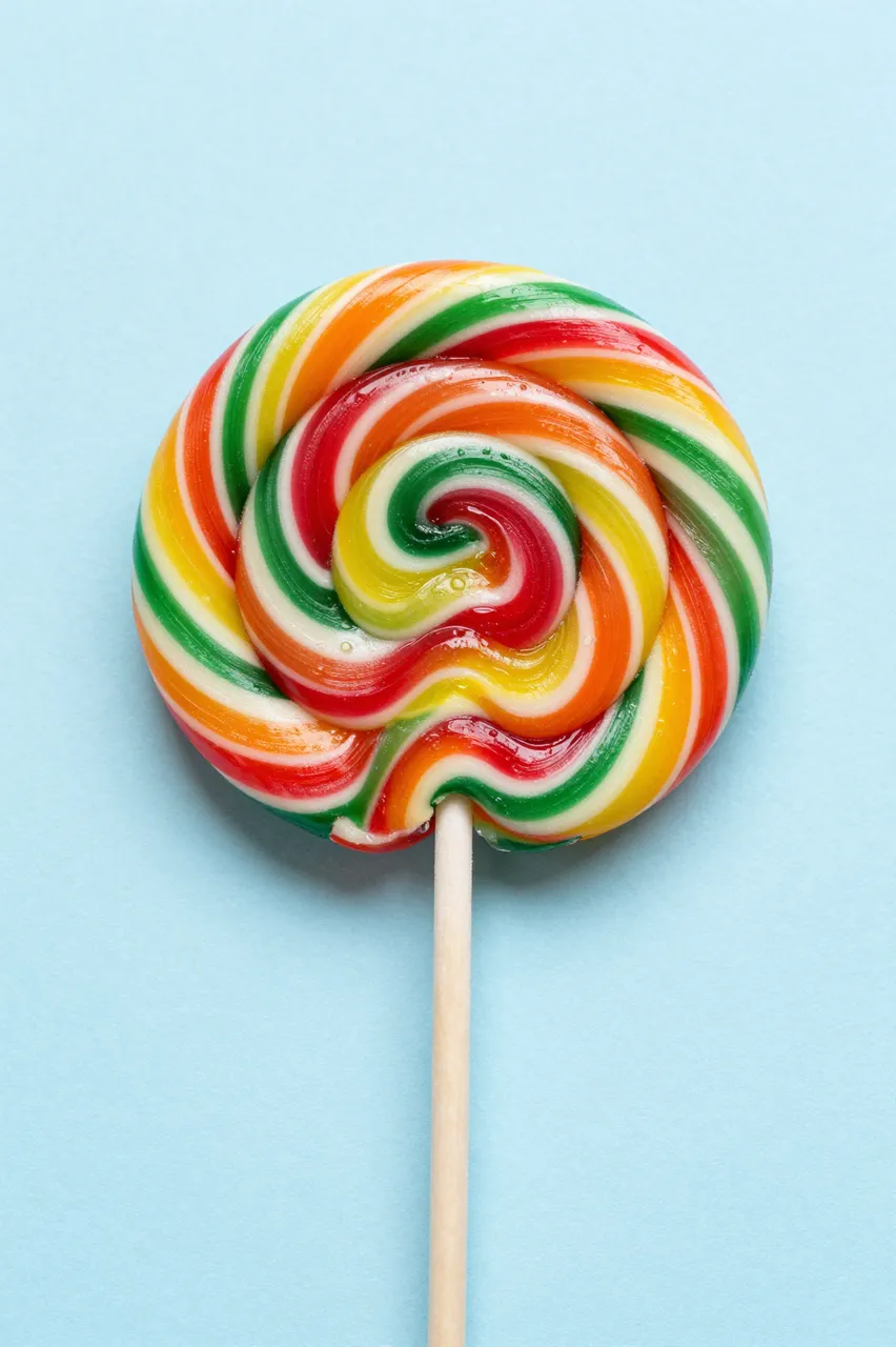 A colorful spiral rainbow lollipop rests on a smooth pastel blue background.