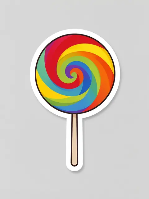 Flat die-cut sticker of a rainbow swirl lollipop with a thick white border on a light gray background