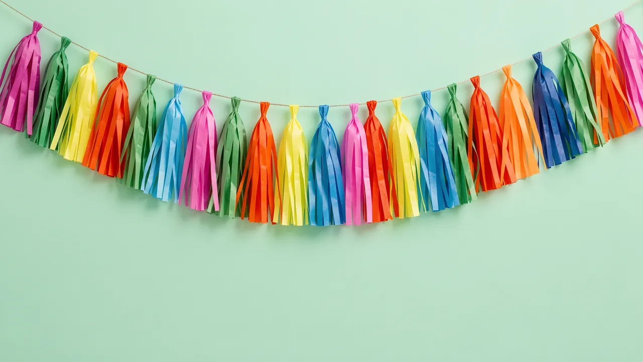 Swagged rainbow paper tassel garland hangs across a solid mint green wall with empty copy space below