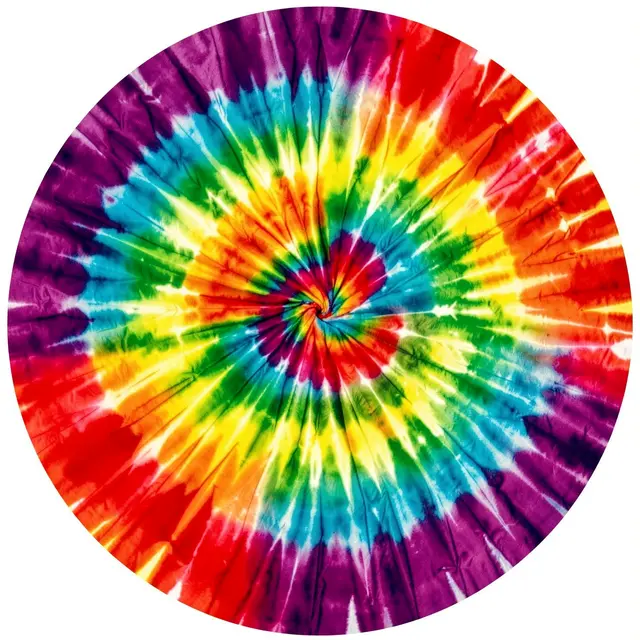 A circular radial spiral tie-dye pattern with a full rainbow of bright saturated colors.