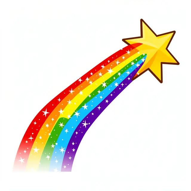 Flat clipart illustration of a yellow shooting star with a sparkly rainbow trail isolated on a white background