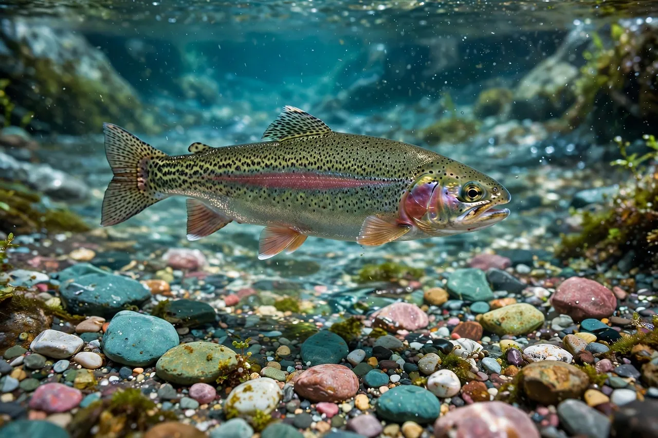 A spotted rainbow trout with a pink lateral band hovers over colorful pebbles in a clear mountain stream.