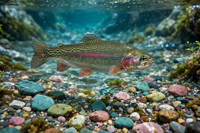 A spotted rainbow trout with a pink lateral band hovers over colorful pebbles in a clear mountain stream.