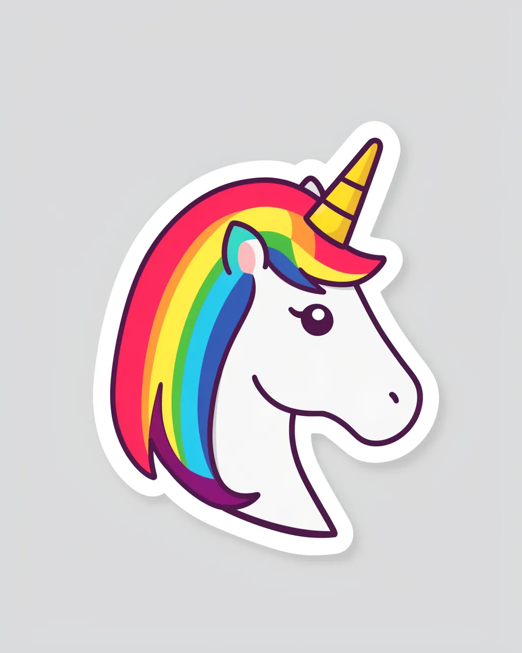 Die-cut sticker of a cute unicorn head with a rainbow mane resting on a light gray background
