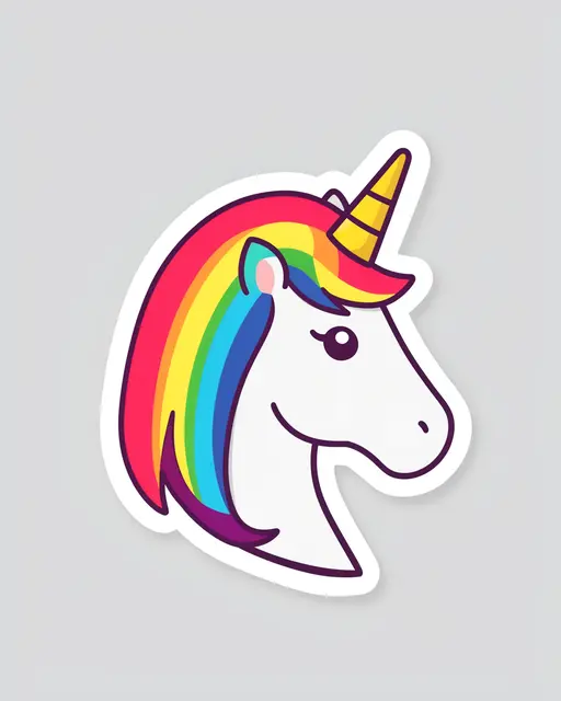Die-cut sticker of a cute unicorn head with a rainbow mane resting on a light gray background