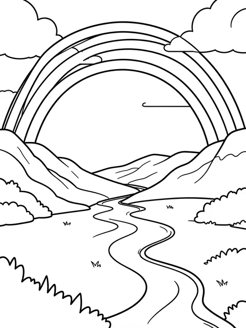Black and white bold line art of a rainbow arching over a valley with a winding stream