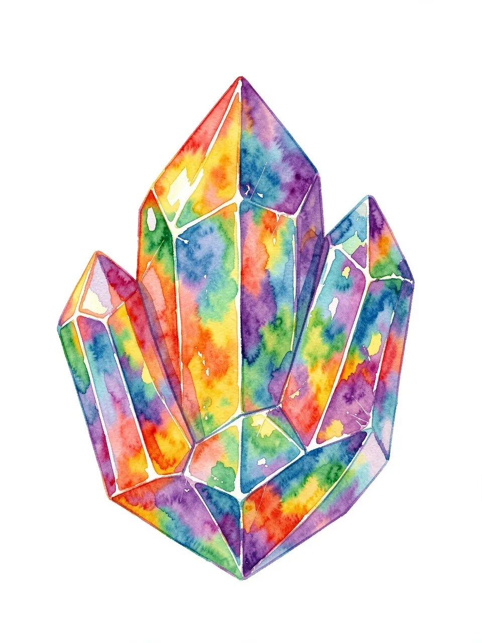 Iridescent rainbow bismuth crystal cluster illustrated in watercolor on a plain white background