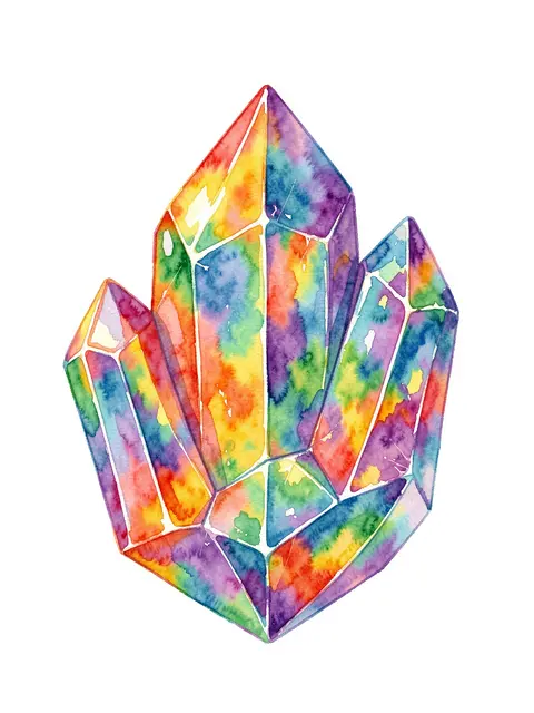 Iridescent rainbow bismuth crystal cluster illustrated in watercolor on a plain white background