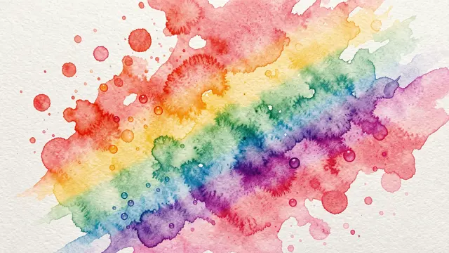 Rainbow hued watercolor paint blots and droplets blend across textured white wet paper