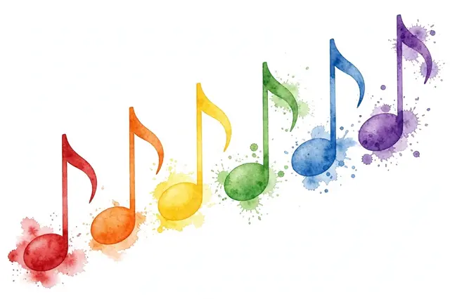 Row of rainbow colored eighth music notes rising left to right on a plain white background
