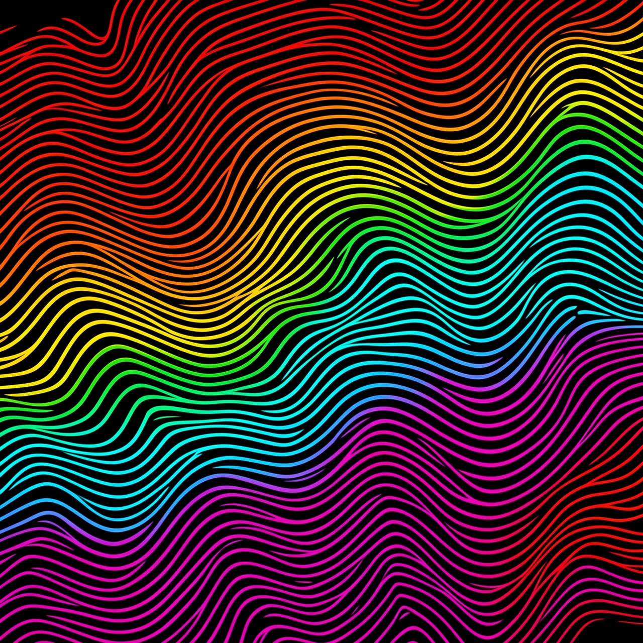 Shimmering thin wavy rainbow colored lines curve across a solid black background