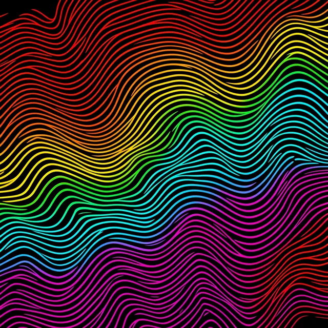 Shimmering thin wavy rainbow colored lines curve across a solid black background