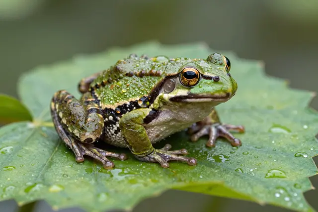 A green patterned frog sits on a wet serrated leaf covered in clear rain droplets.