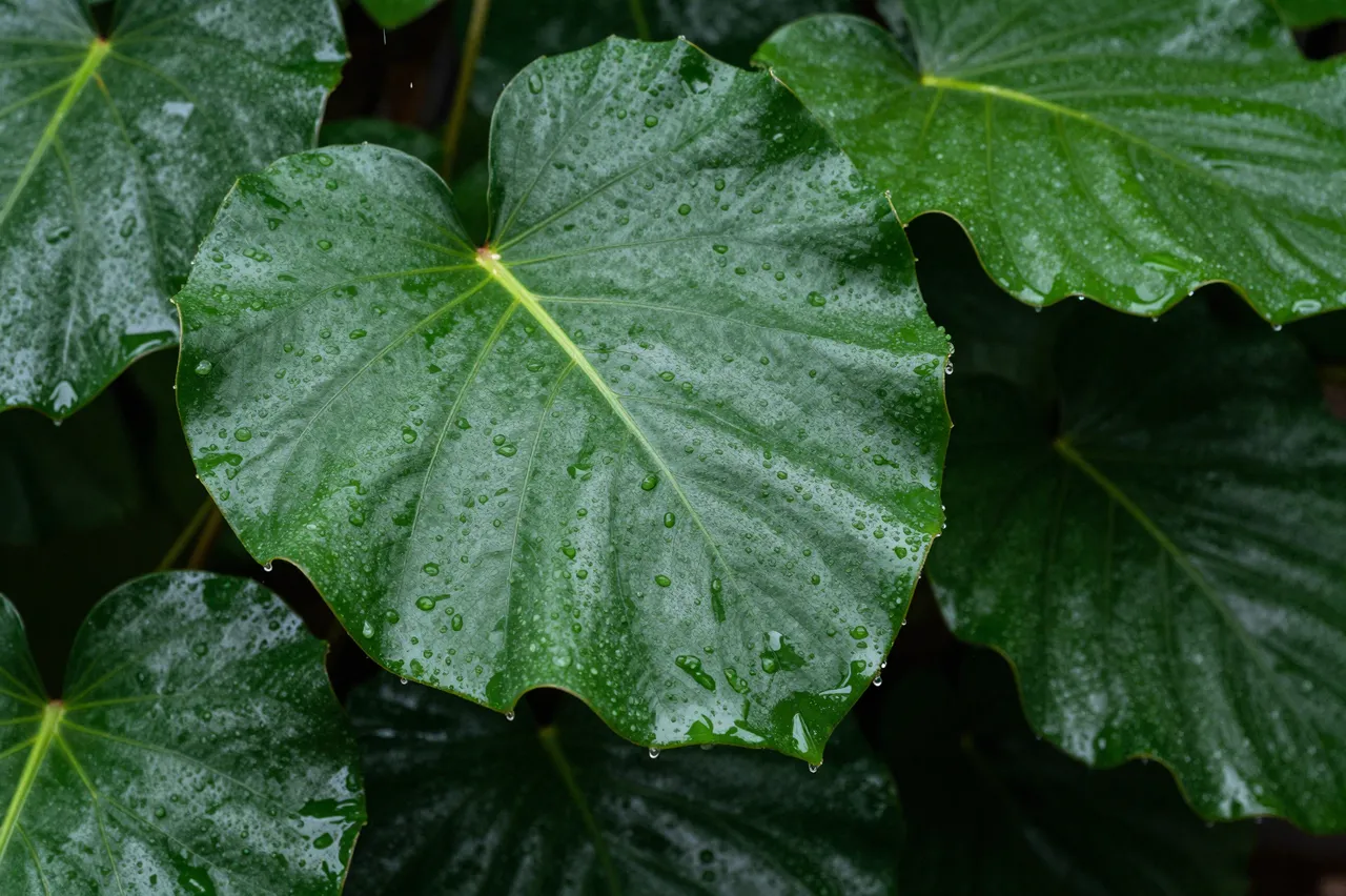 Large glossy green tropical leaves covered in fresh raindrops after rainfall