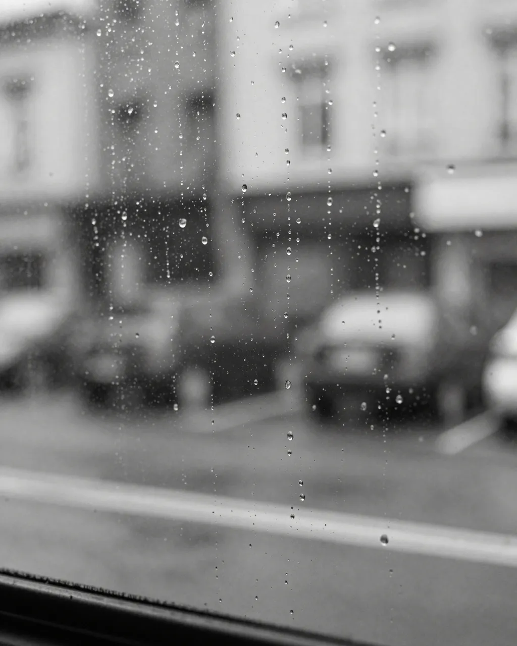 Black and white view of raindrops streaking down a window with a soft-focus street beyond