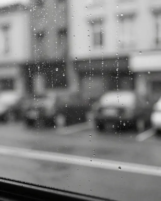 Black and white view of raindrops streaking down a window with a soft-focus street beyond