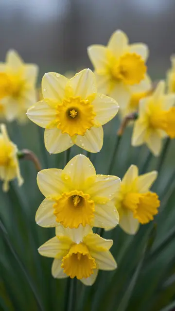Close-up of yellow daffodil blooms dotted with raindrops against a soft gray out-of-focus background