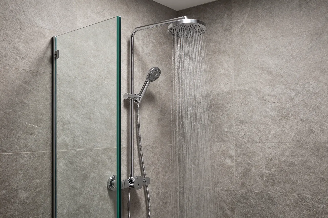 Chrome rainfall shower head runs water inside a slate tiled walk-in shower with a glass partition