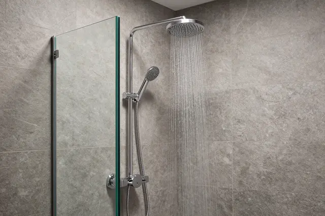 Chrome rainfall shower head runs water inside a slate tiled walk-in shower with a glass partition