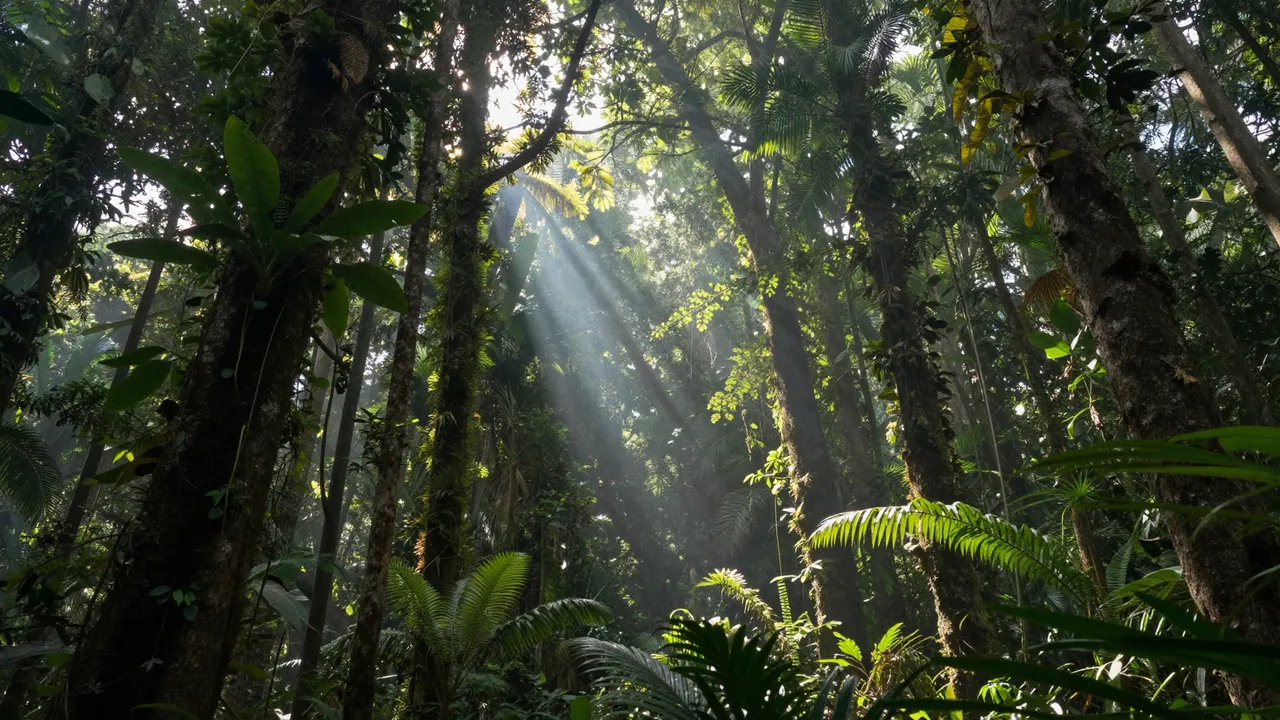 Sunbeams stream down through a dense misty rainforest canopy past tall tree trunks and lush foliage