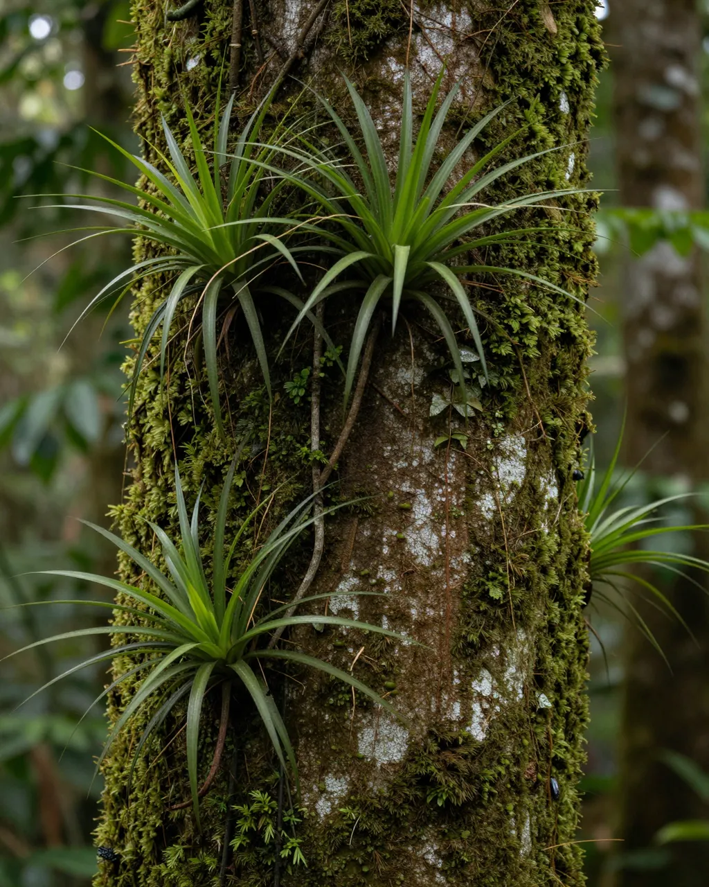 A moss-covered rainforest tree trunk hosts clustered epiphytic bromeliads against blurred forest background
