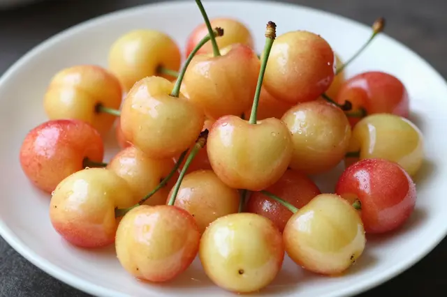 Glossy yellow and red blushed Rainier cherries with stems rest on a plain white plate.