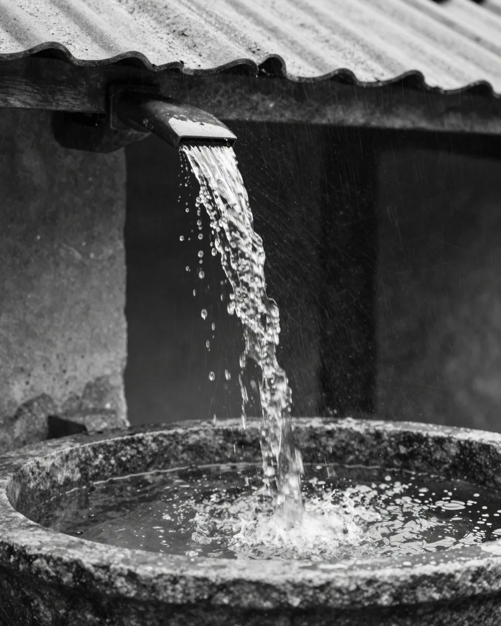 Black and white close-up of rainwater pouring from a roof spout into a stone basin during rain