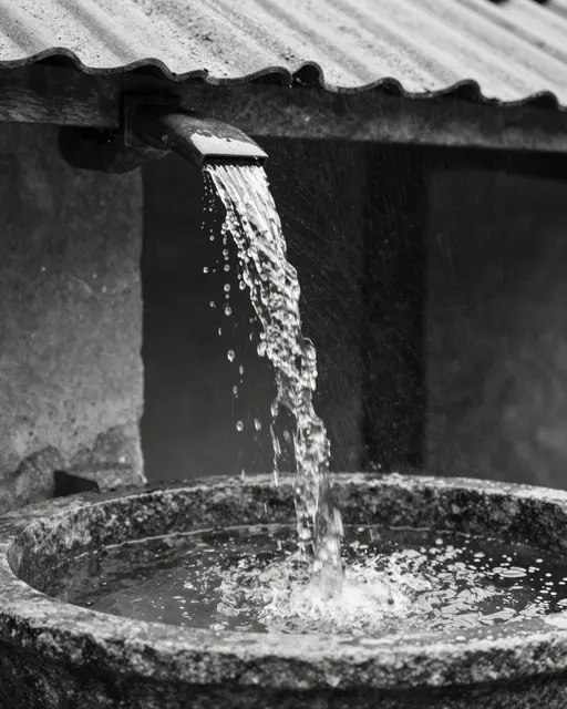 Black and white close-up of rainwater pouring from a roof spout into a stone basin during rain