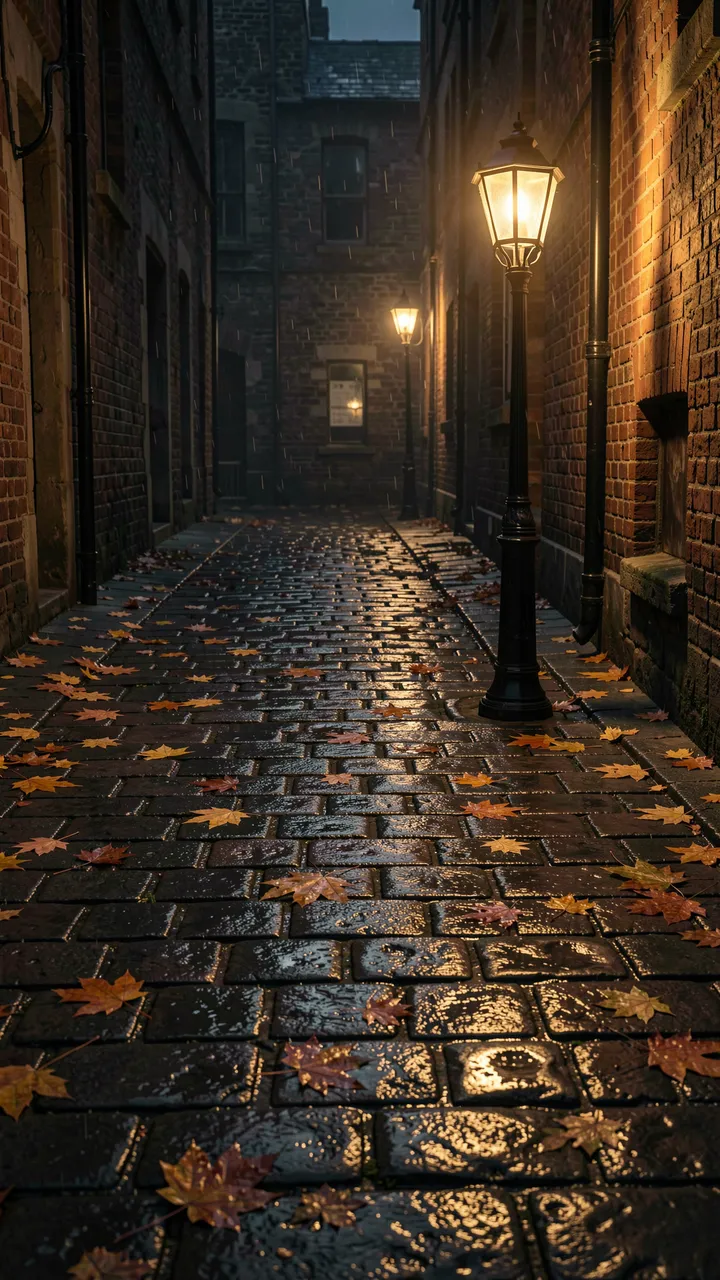 Wet cobblestone alley strewn with maple leaves glows under warm gas lamps on a rainy autumn night