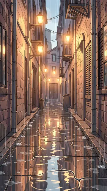 Anime style narrow city alley after rain, with puddles reflecting warm glowing street lamps.