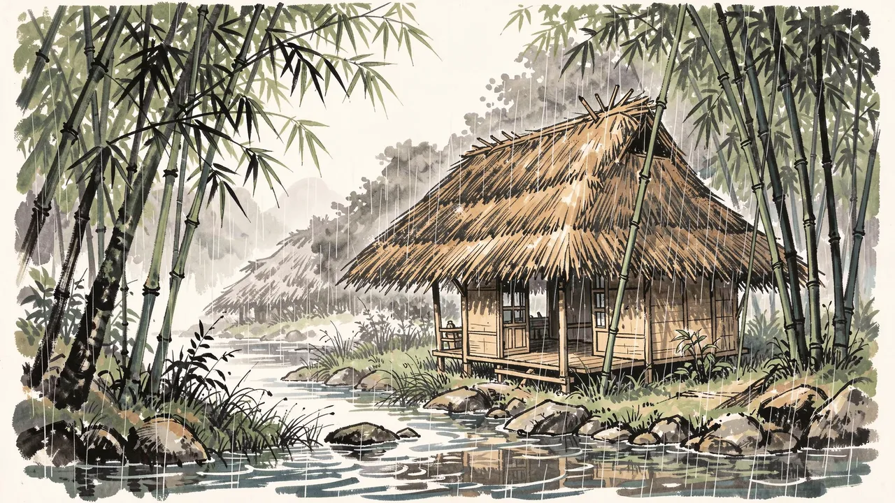 Ink wash painting of a thatched stilt hut beside a stream under tall bamboo during gentle rain