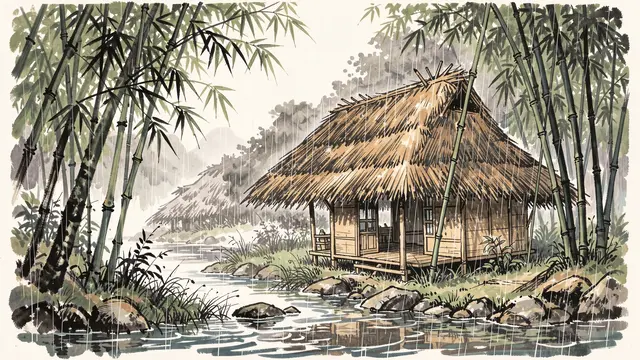 Ink wash painting of a thatched stilt hut beside a stream under tall bamboo during gentle rain