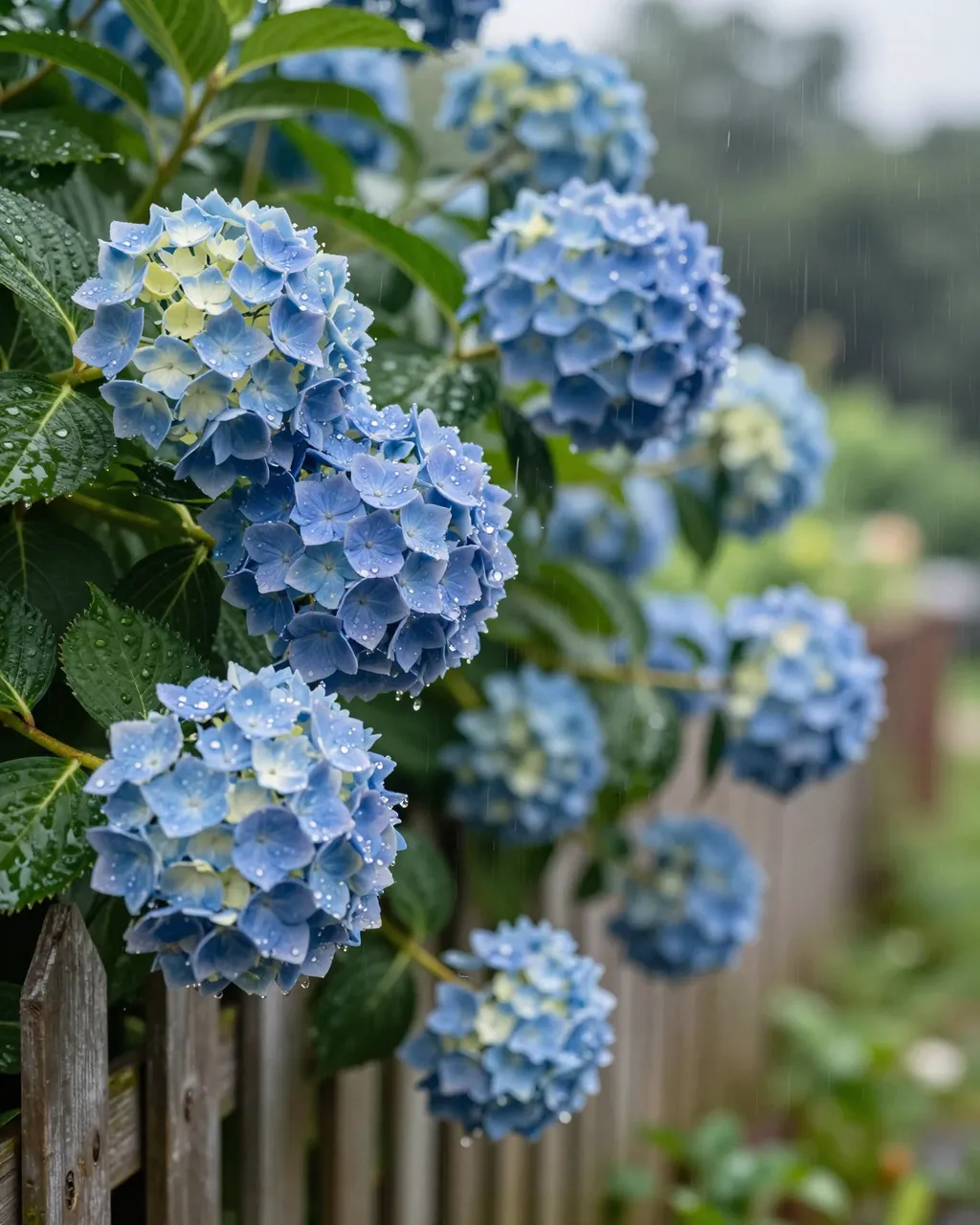 Blue hydrangea blooms heavy with raindrops droop over a wooden picket fence during soft rainfall