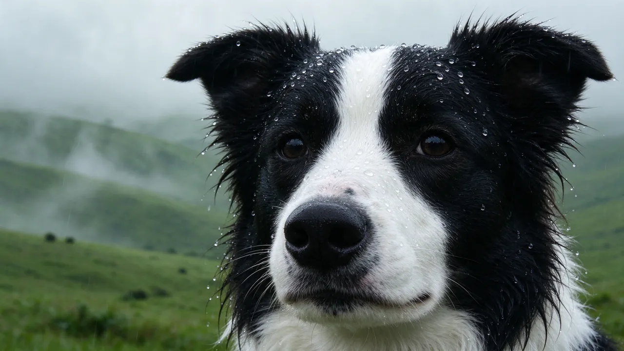 Close-up of a black and white border collie with raindrops on its fur, misty green hills in the background