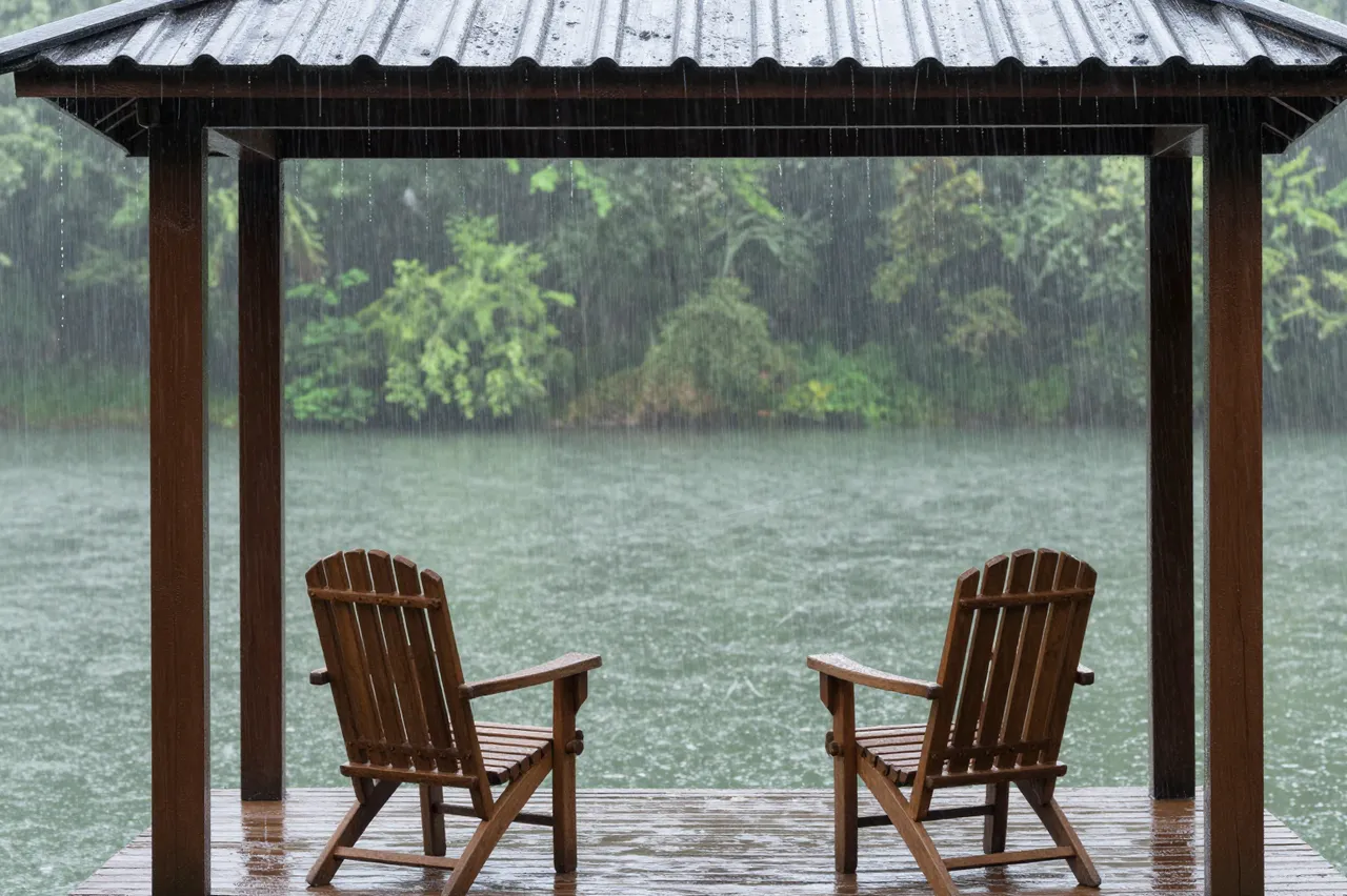 Two wooden Adirondack chairs sit under a covered porch facing a lake during heavy summer rain