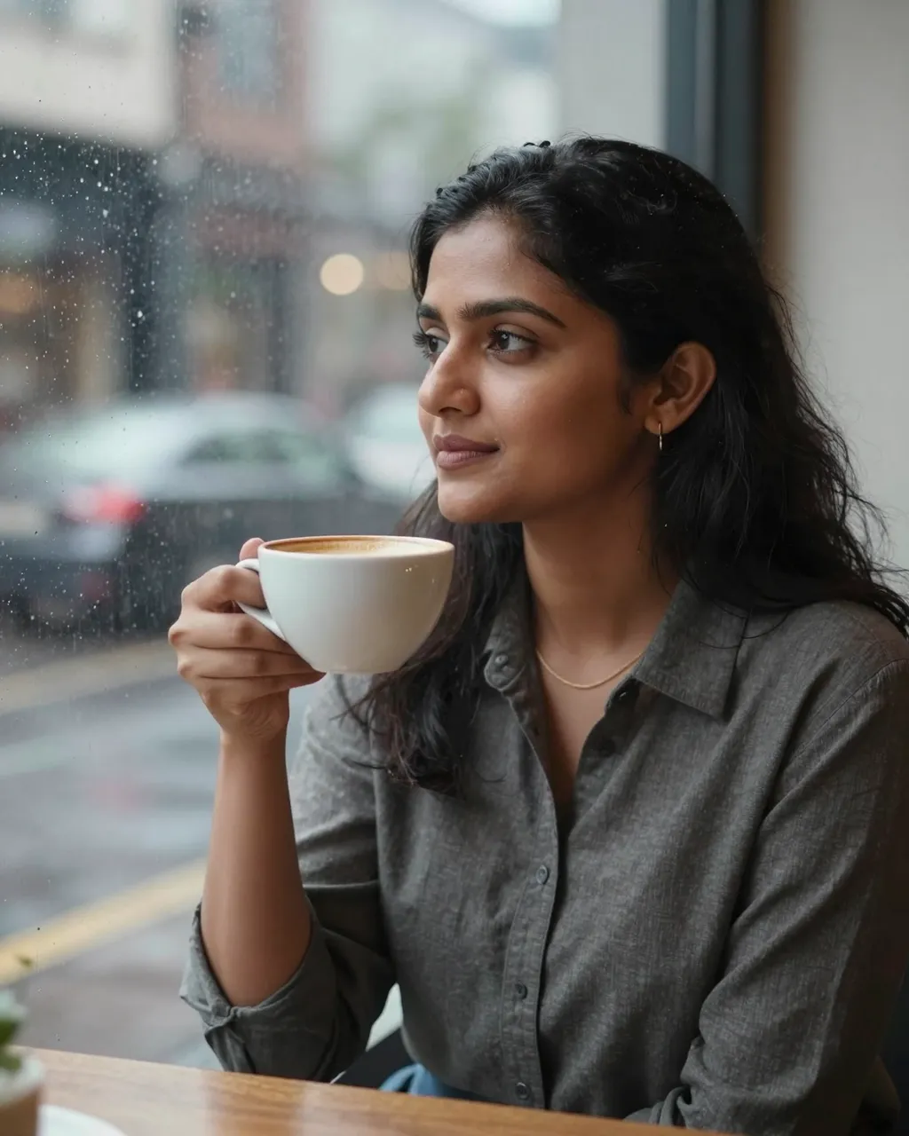 A South Asian woman in her thirties holds a ceramic latte cup while gazing out a rain-streaked cafe window.