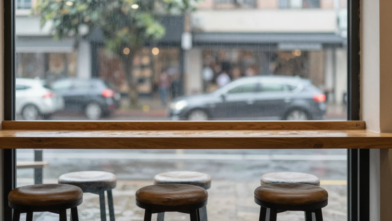 Wooden cafe window counter with stools overlooking a softly blurred rainy street