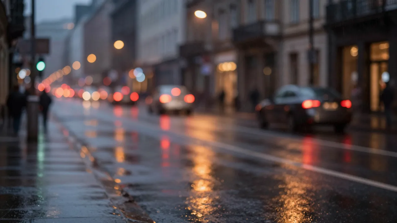 Out of focus rainy evening city street with glowing red and amber bokeh light reflections on wet pavement