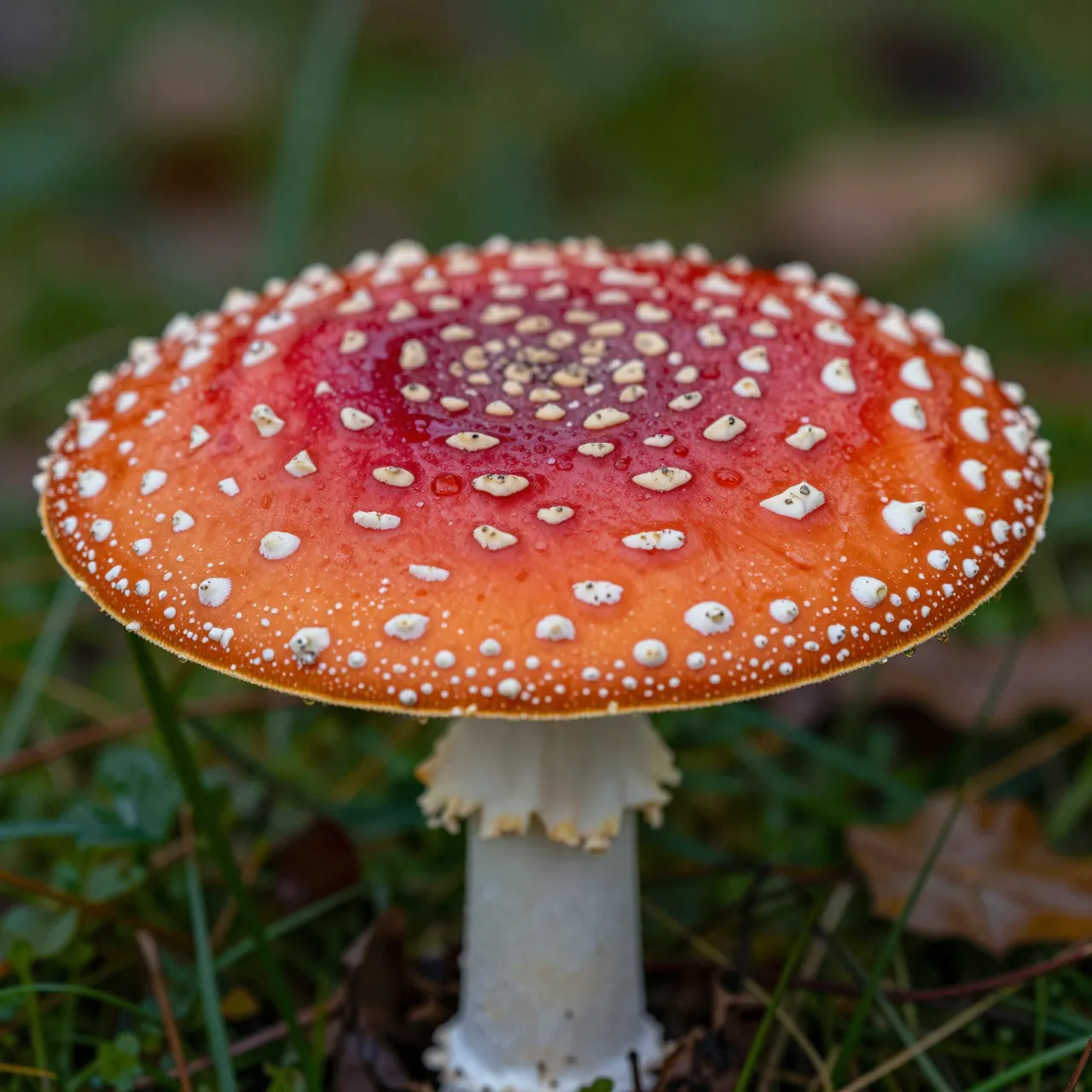 Close up of a dewy red and white spotted fly agaric mushroom growing in forest undergrowth after rain