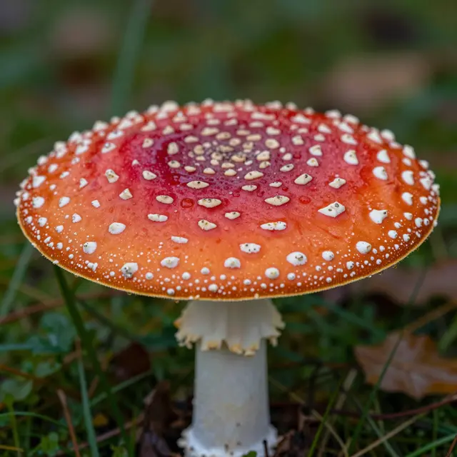 Close up of a dewy red and white spotted fly agaric mushroom growing in forest undergrowth after rain