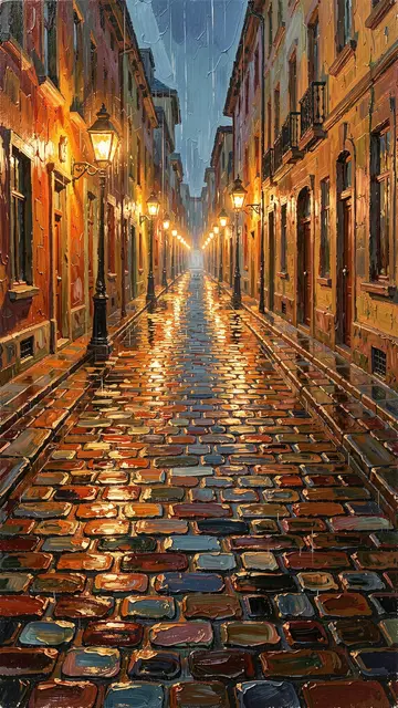 Impasto oil painting of a rain-soaked cobblestone lane glowing with warm street lamp reflections at night