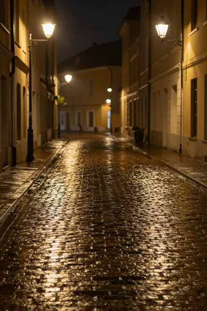 Wet cobblestone street glows with warm streetlamp reflections on a quiet rainy night between old buildings