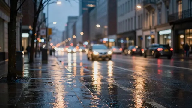 Wet reflective city street at dusk with blurred glowing bokeh lights from traffic and storefronts during rain