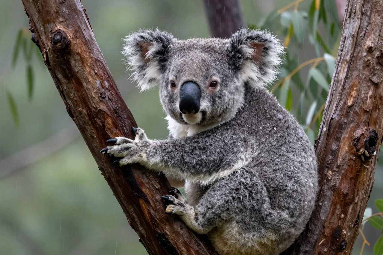 A rain-soaked koala huddles in the fork of a eucalyptus tree during light rain