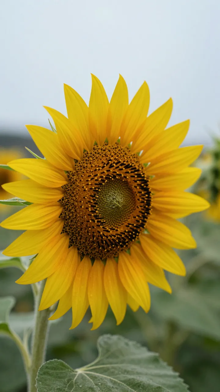 A bright yellow sunflower head stands against a soft overcast rainy sky with blurred field foliage behind it