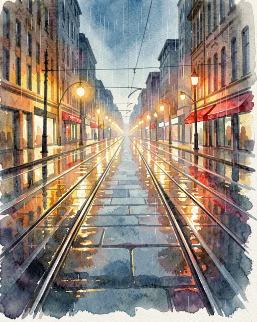 Watercolor of empty tram tracks running down a wet city street on a rainy glowing evening