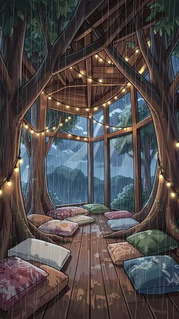 Cozy open treehouse interior with floor cushions and fairy lights during a rainy evening
